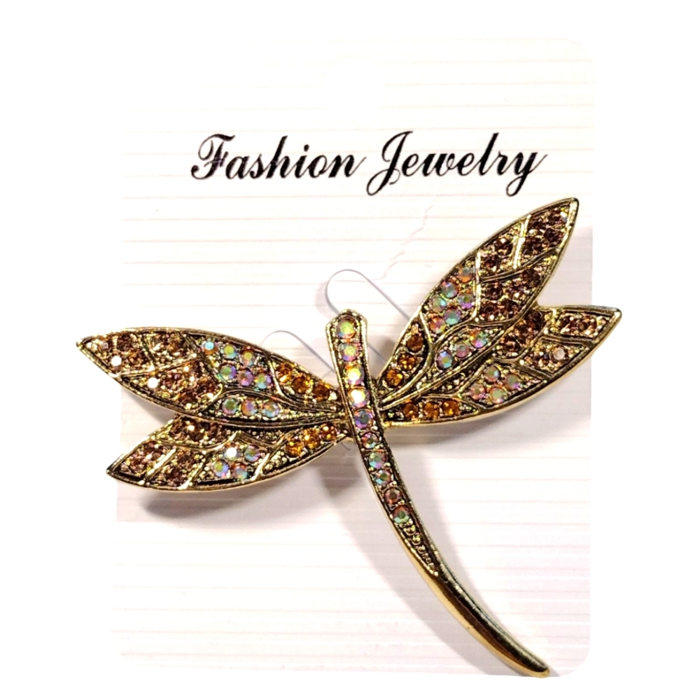 Topaz & Iridescent Crystal Dragonfly Brooch